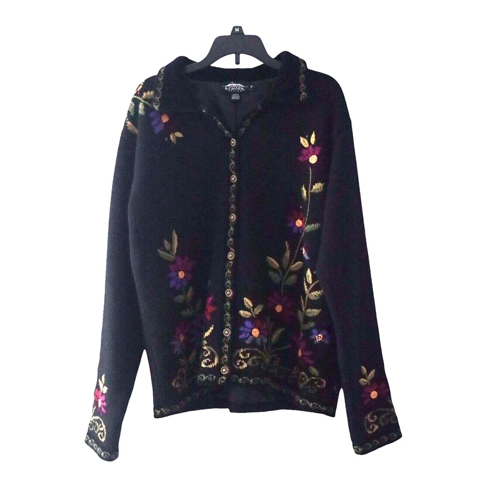ICELANDIC Vintage Womens Floral Buttons Wool Coho Flowers Front Back Jacket Sz S